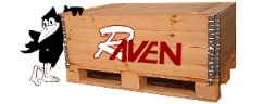 Logo partnera P&J Zamki Dmuchane - RAVEN, przedstawiające napis "RAVEN" w kolorze czerwonym na tle drewnianej skrzyni z grafiką kruka w lewym górnym rogu.