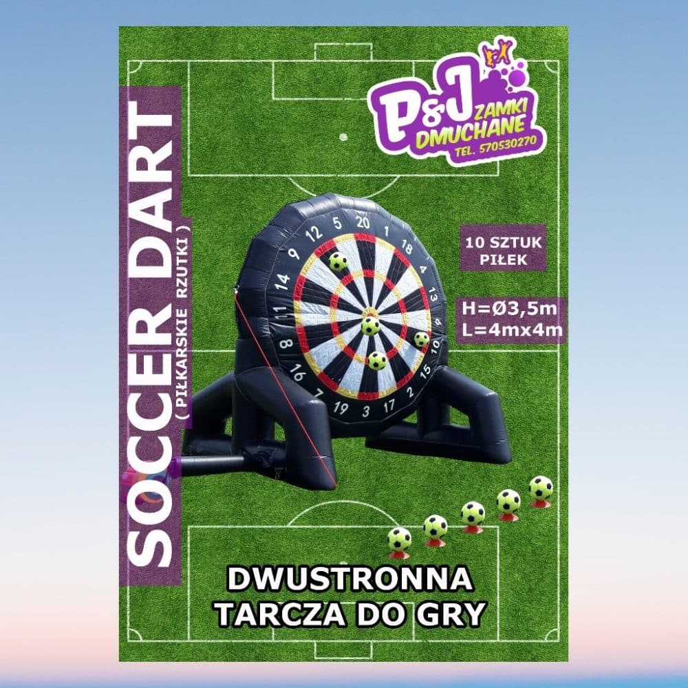 Zestaw Soccer Dart, czyli piłkarskie rzutki. Zdjęcie przedstawia duże, nadmuchiwane tarcze dart z piłkami w formie rzutek. Produkt oferowany przez P&J Zamki Dmuchane Filius.