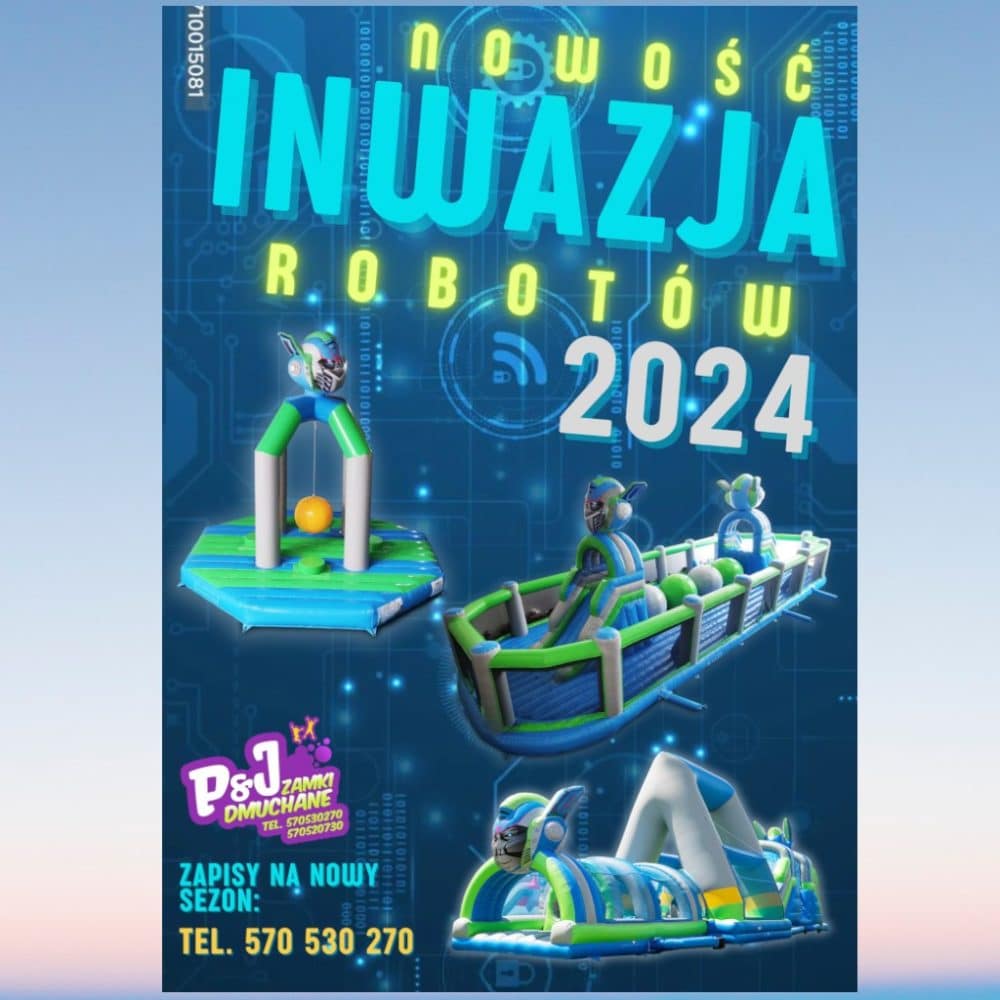 Zestaw tematyczny Inwazja Robotów przedstawiający robotyczne atrakcje na tle cyfrowego świata. Produkt oferowany przez P&J Zamki Dmuchane.